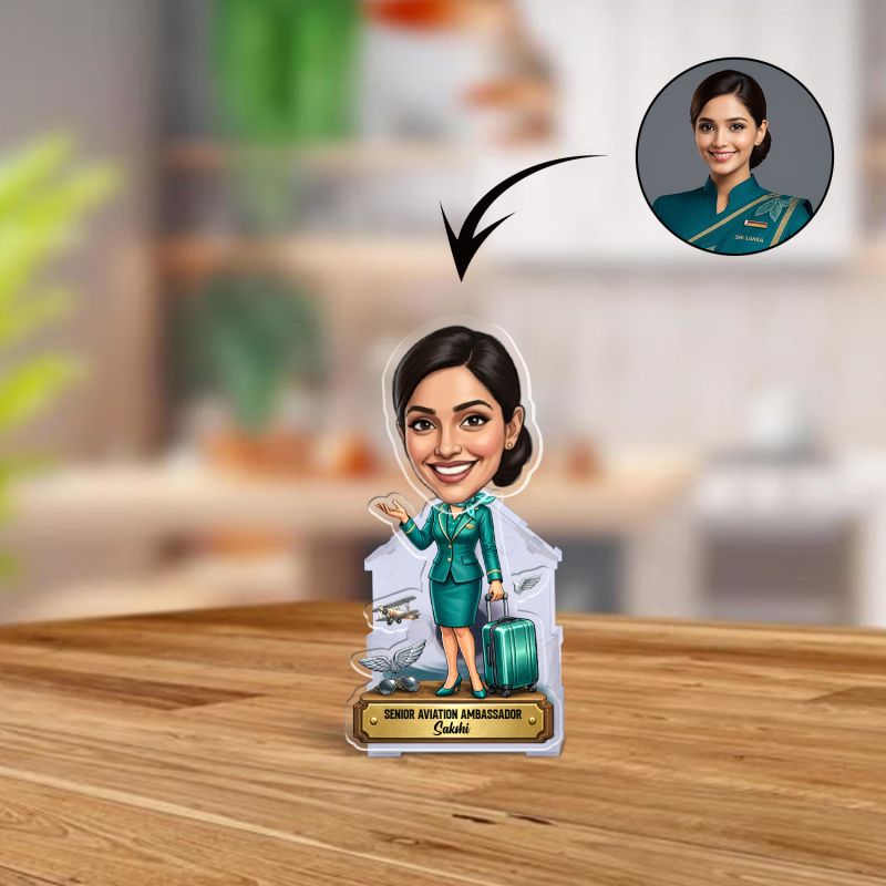 Personalized Air Hostess Bobblehead Caricature Standee with Custom with Name Gift for Flight Attendants & Cabin Crew Car Dashboard Decor Solar Powered Moving Head